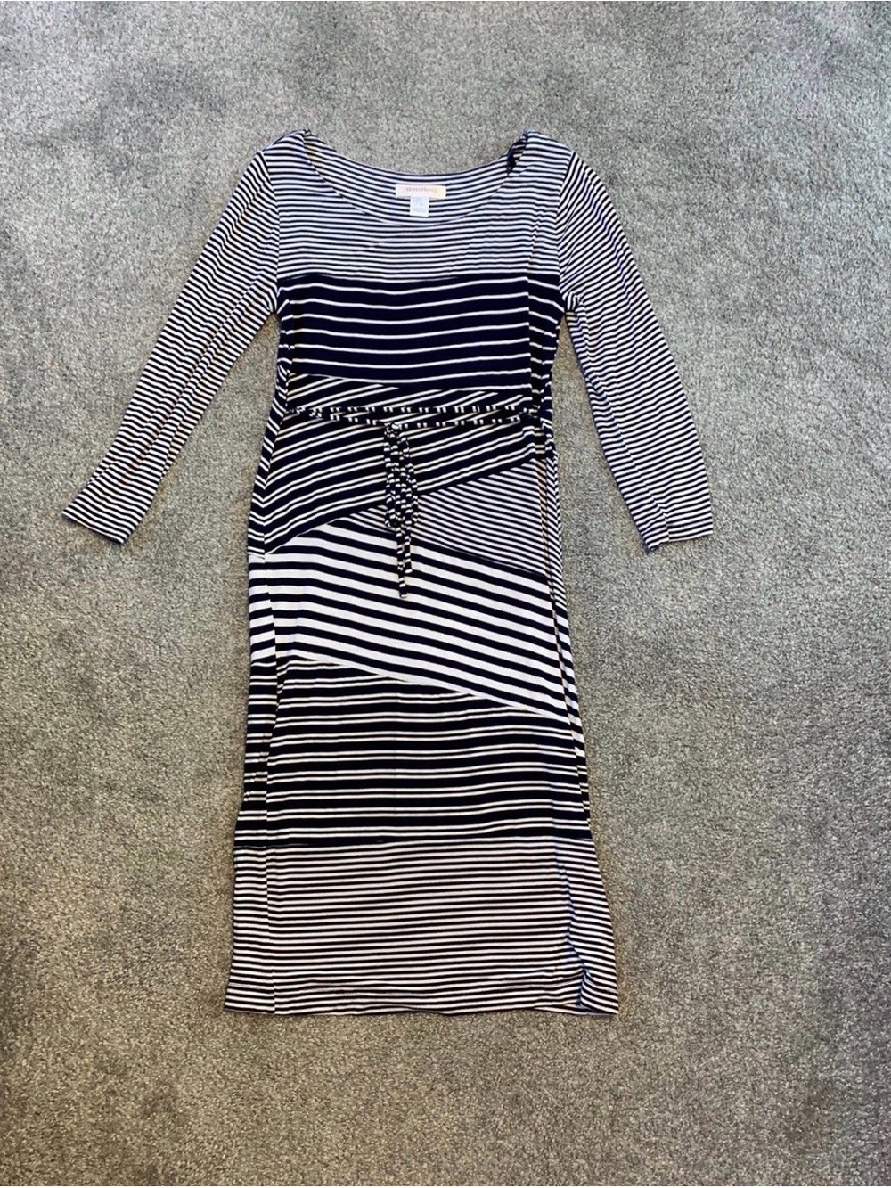 Motherhood Maternity Navy and White Striped Midi Tie-Waist Dress